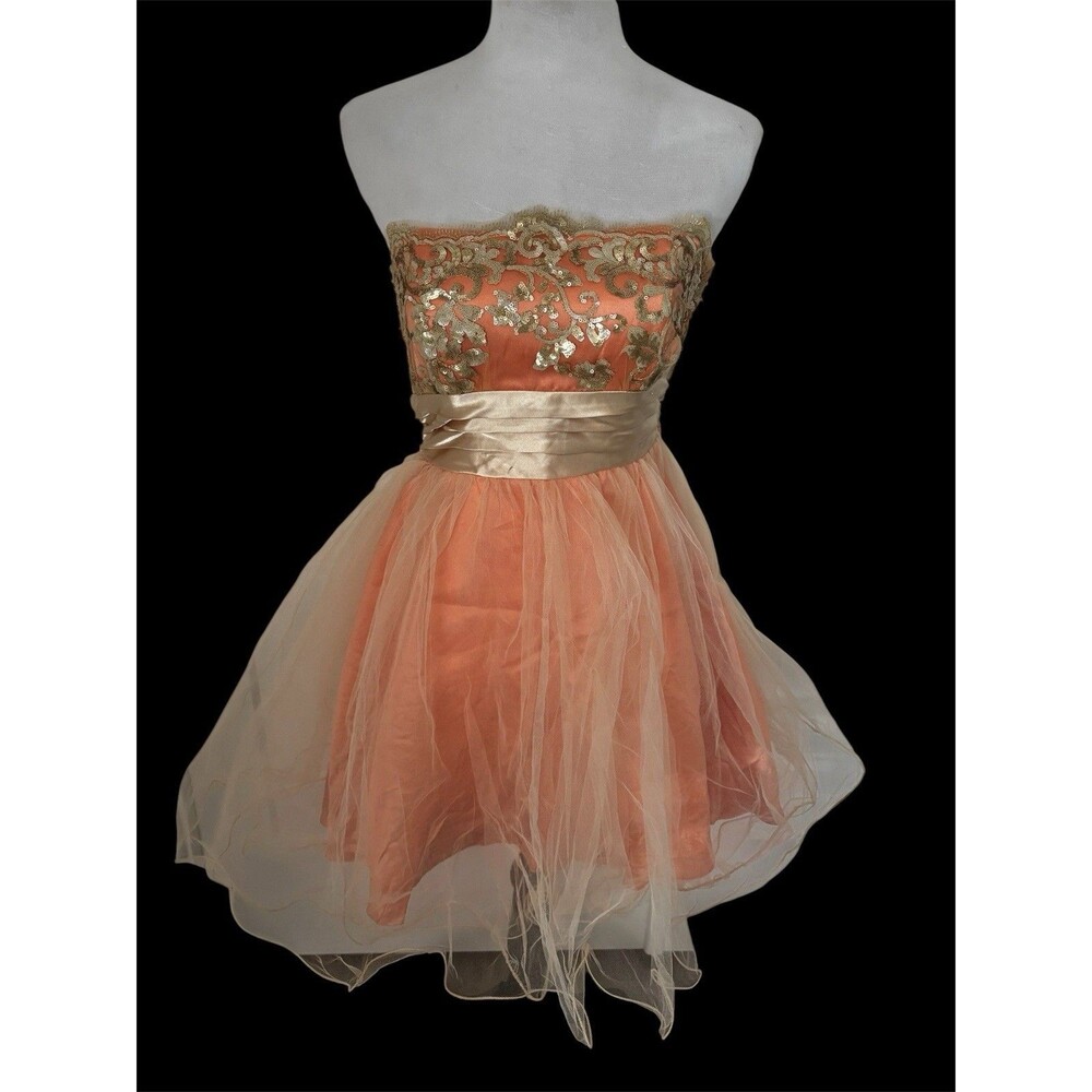 Steppin Out Strapless Sequin Tulle Satin Mini Dress Prom Homecoming Formal Jr 7*
